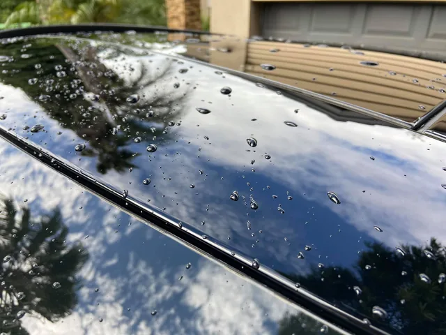 Speckled fallout across a black roof