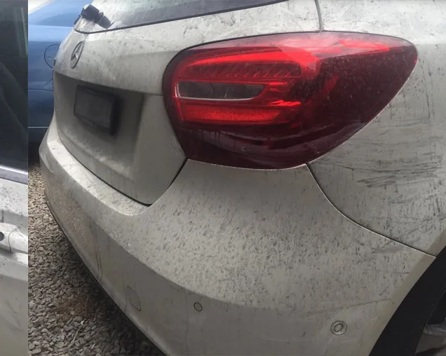 Dark speckled contamination across a white rear quarter and tail light