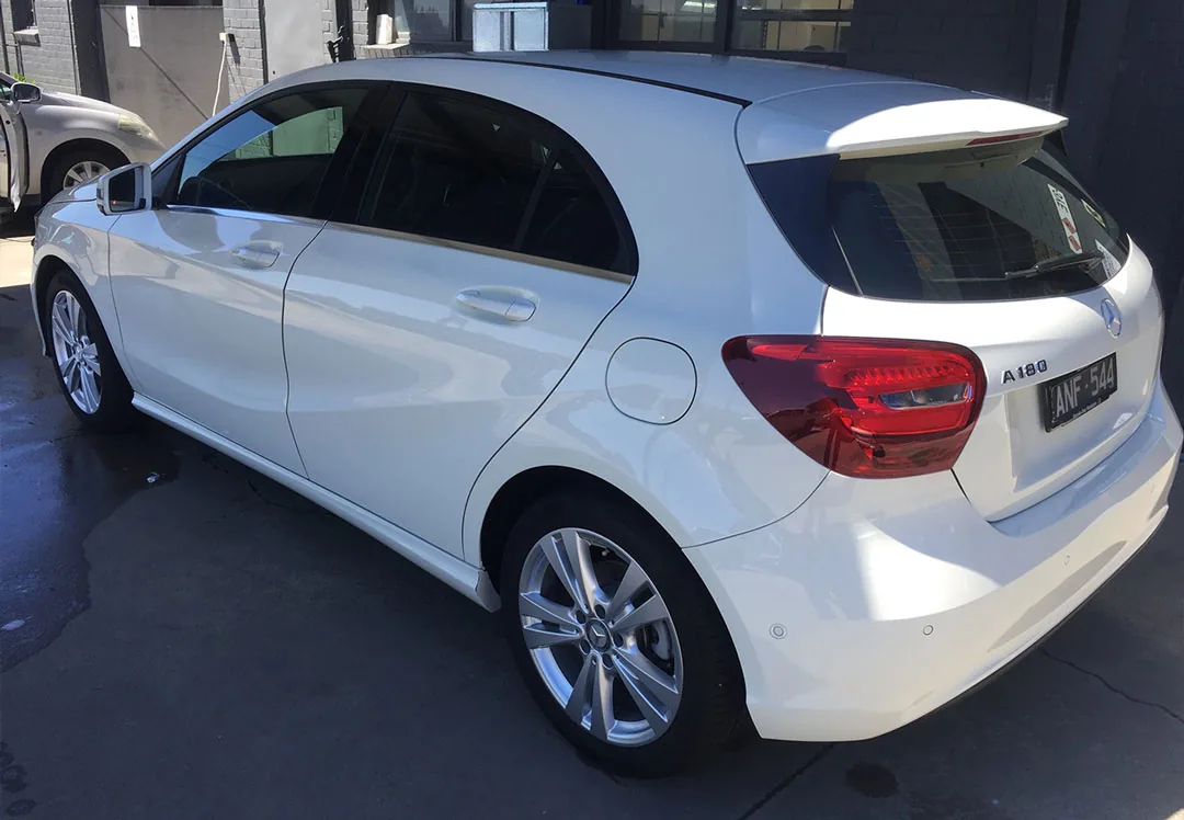 The white Mercedes A-Class after restoration
