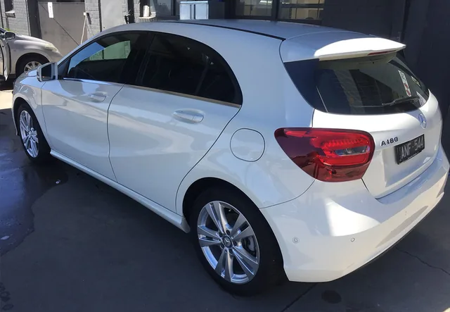 The white Mercedes A-Class after restoration